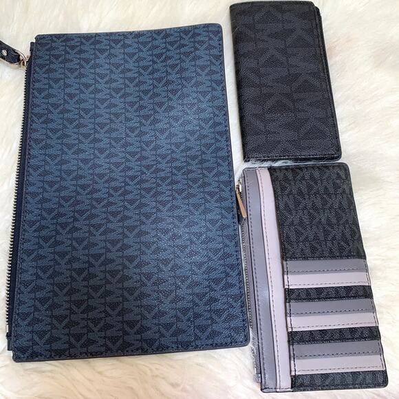 MICHAEL KORS Jet Set Travel Black/Gray Logo Flat Euro Card Case Wallet w/Keyring - Picture 13 of 15